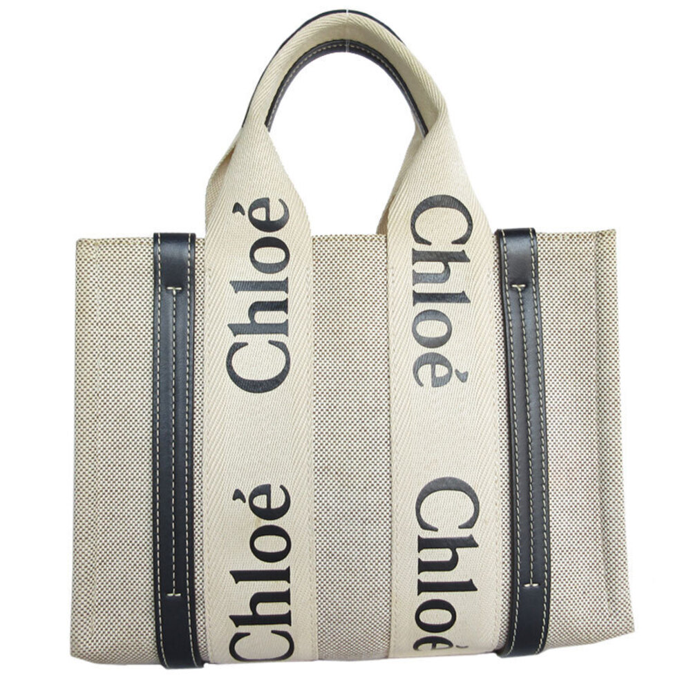 Chloe Woody handbag black canvas tote bag beige